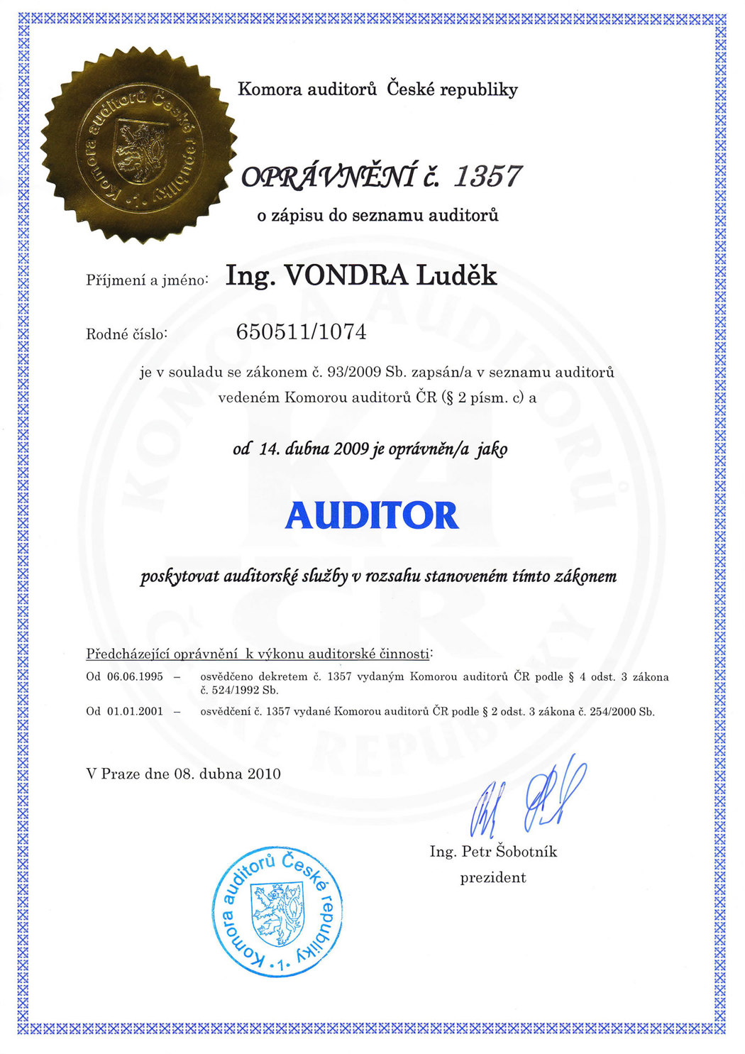 Oprávnění  - Ing. VONDRA Luděk